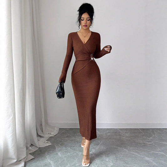 Cross-collar Knit Slim-fit Dress